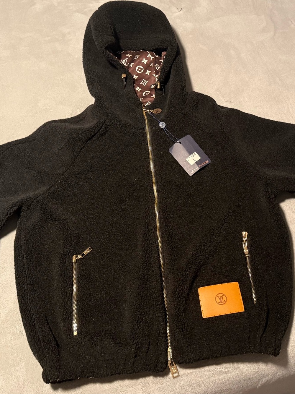 Louis Vuitton Reversible Black Teddy Sherpa Jacket with Monogram Hood Lining